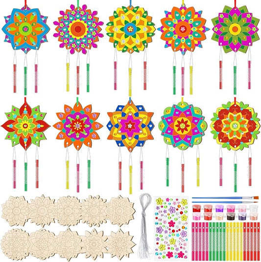 JellyArch 30 Pack Mandala Wind Chime Kit for Adults, Wooden DIY Ornaments | Make Your Own Mandala Decorations, Wooden Blanks with Stickers Gems Tubes Scissors, Spring Summer Birthday Party Crafts