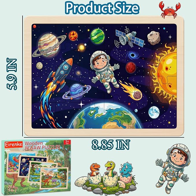 Wooden Puzzles Dinosaur Toys for Kids Ages 4-6, 4 Packs 24 Piece | Wooden Jigsaw Puzzles Preschool Educational Learning Toys Gifts for 3 4 5 6 Year Old Boys and Girls