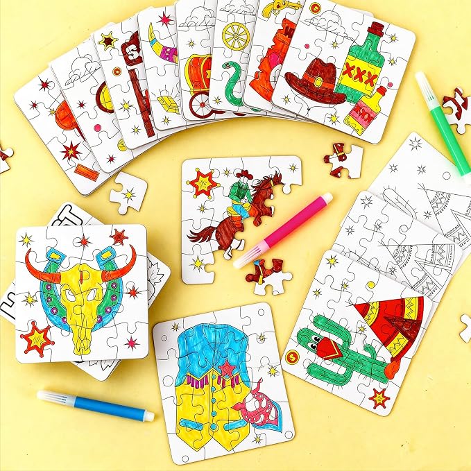Western Cowboy Coloring Jigsaw Puzzle for Kids-DIY Horse Craft Party Favors | 24 Sets Color Your Own Crafts Blank puzzles, Fall Classroom Gift for Toddlers & Adults Birthday Game toy Supplies Arts Bulk