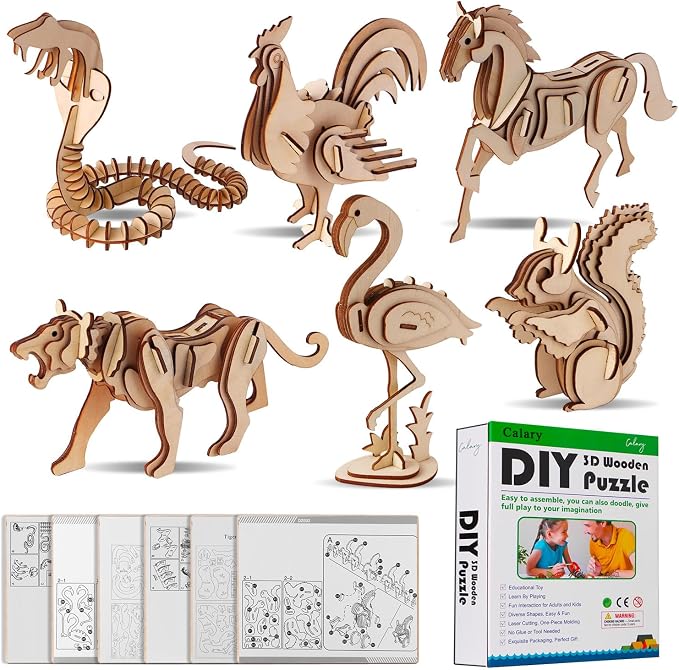 calary 3D Wooden Puzzle Simulation Animal Dinosaur Assembly DIY Model Toy for Kids and Adults,Set of 6