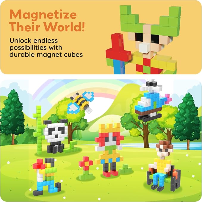 PicassoTiles 102pcs Pixel Magnetic Puzzle Cube 1” Pixel Mix & Match Toys with Ideabook STEM Education Learning Building Block Magnets Construction ToySet Stacking Creative Kit for Kids Age 3+ PMC102