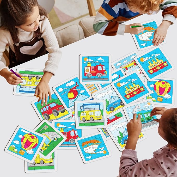 Cinrobiye 24 Pcs Transportation Coloring Puzzle Craft Kit, DIY Traffic Vehicle Jigsaw Puzzles Bulk with 12 Designs, Construction Truck Party Favors, Classroom Art Activities