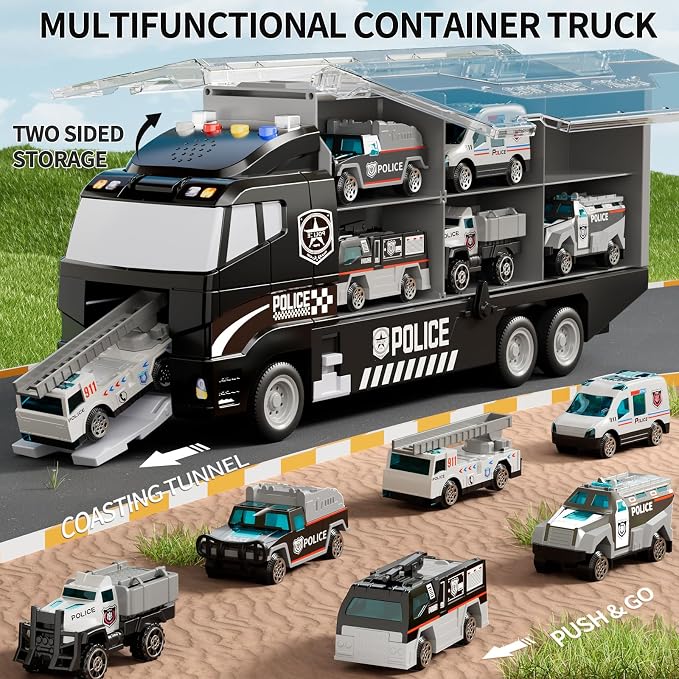NIPLOOOW Toddler Boys Toys for 3 4 5 6 Years Old, Police Truck Vehicle Toy Set with Play Mat and Die-Cast Toy Car, Transport Carrier Truck for Kids, Birthday Gifts Toys for 3 4 5 6 7 8+ Year Old Boys