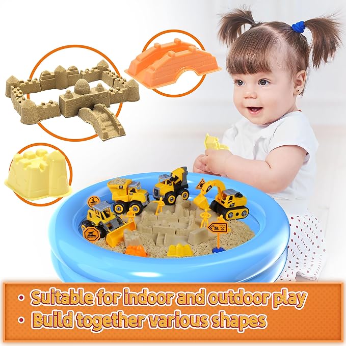 YIDESTARS Sensory Bin – Large Take Apart Trucks for Toddlers 3+ | 2.2lbs sensory sand, 4 trucks (dump/excavator/bulldozer/mixer), 8 figures, road signs, 8 molds, gift for boys girls