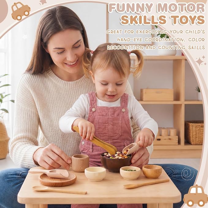11 Pcs Sensory Bin Tool Sensory Tools for Boys and Girls Fine Motor Skill Toys Wooden Spoons Bowls Plate with Other Tools for Transfer Work and Fine Motor Learning (Wood)