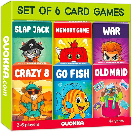QUOKKA Card Games for Kids Ages 4–8, 6 Pack, Crazy 8, Go Fish, Old Maid, War, Slap Jack, Memory Match – Fun Family Games Playing Cards for Kids, Easy to Learn, Educational & Travel-Friendly Gift