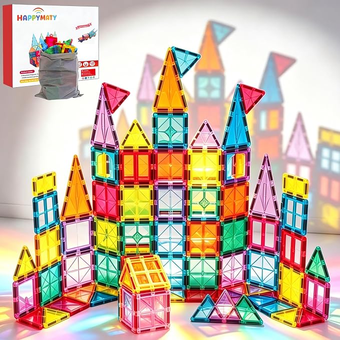 Antibacterial Magnetic Tiles, 64PCS 3D STEM Building Blocks Set | Bacteria Resistant, EPA-registered, Toddler-Safe, Strong Magnets, Preschool Education Construction Toy, Clean Play for Kids
