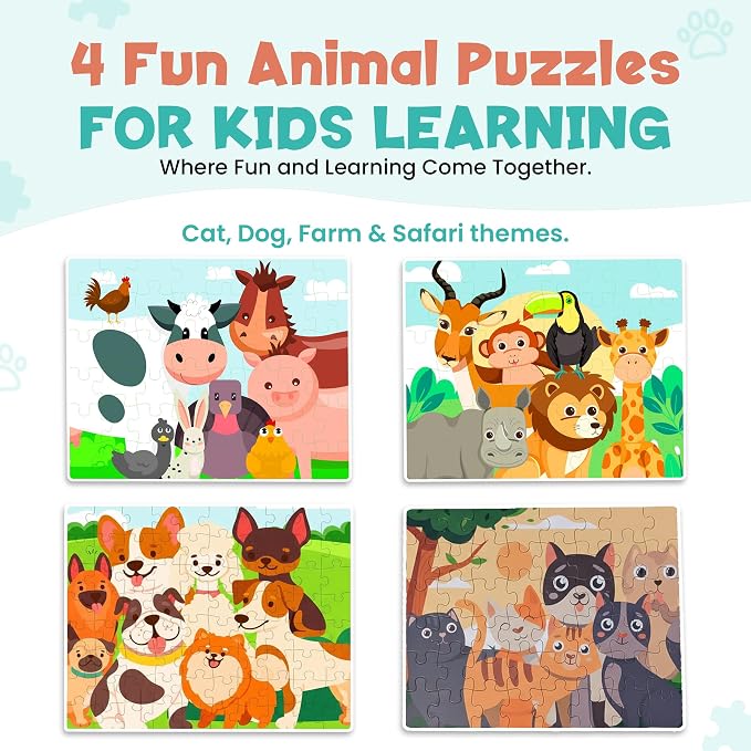 Wooden Animal Floor Puzzles for Kids, 4-Pack 48-Piece (192 Total) – Educational Toys for 3 Year Old, Puzzles for Kids Ages 4–6, Learning Toys for 3 Year Old Boys & Girls, Animal Theme