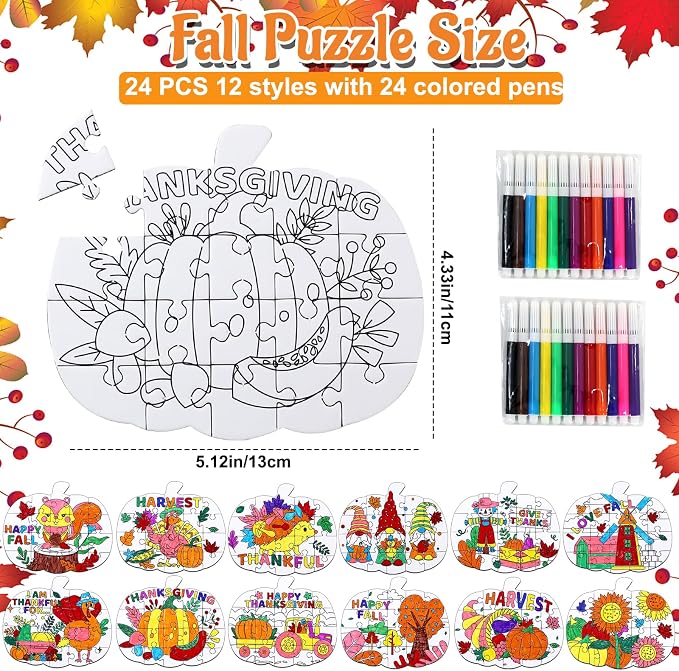 24Pcs Thanksgiving Fall Crafts for Kids Autumn Pumpkin Shape Art DIY Puzzle | Fall Craft Jigsaw leaf Turkey for Thanksgiving Harvest Activity, Classroom party favor Gift, Coloring Game Toy Supplies Bulk