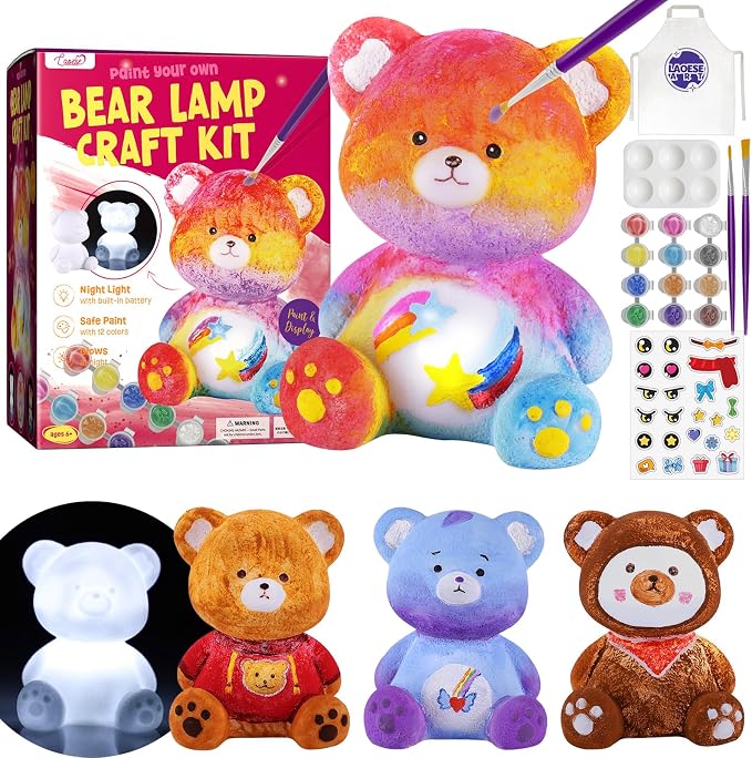 Paint Your Own Bear Lamp Kit, Crafts for Kids Ages 6-12, Gifts for Girl Boy | Bear painting kit with paints and 3D night light; fun craft activity, room decor and birthday gifts for kids ages 6-12