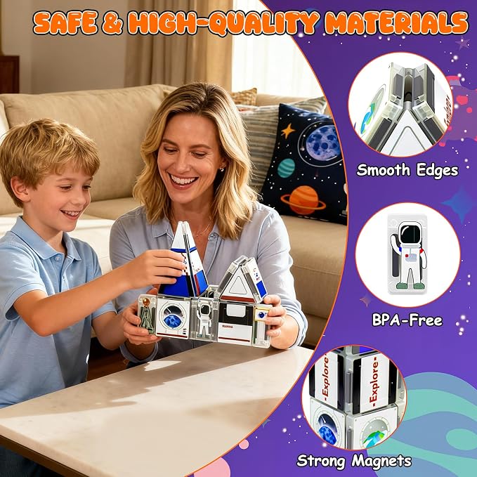 Magnetic Tiles,42PCS Magnetic Building Blocks with Metal Storage Box,Magnetic Tiles for Kids Ages 3+,Magnet Tiles for Boys & Girls（Universe）