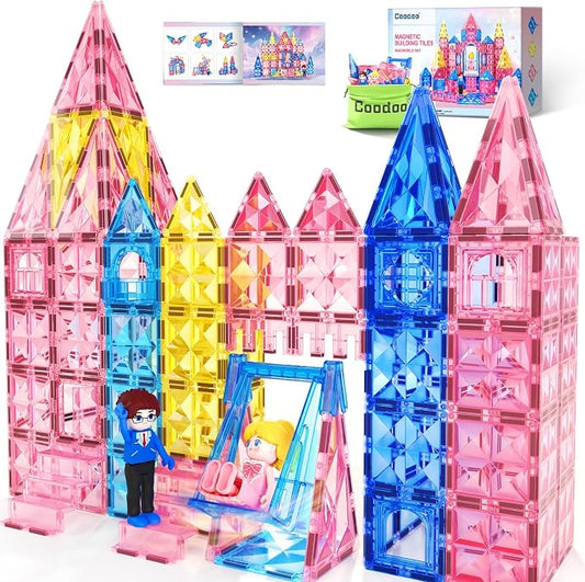 Diamond Magnetic Tiles Magnetic Building Blocks STEM Sensory Toy for Girls | Pink Castle Dollhouse Pretend Princess Toys for 3 4 5 6 Year Old Boys Girls Toys Birthday Xmas Present