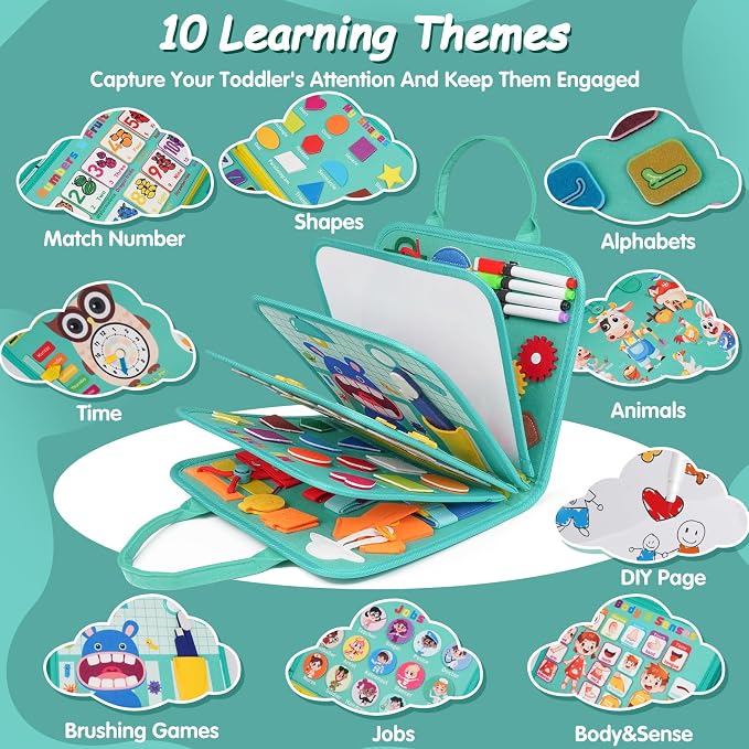 Montessori Busy Board - Sensory Learning Toys for Toddlers 3-6 Years-10 Pages-32 Activities, Airplane Car Travel Educational Toys for Autism, 3 Years Boy Birthday Gift (Cyan)