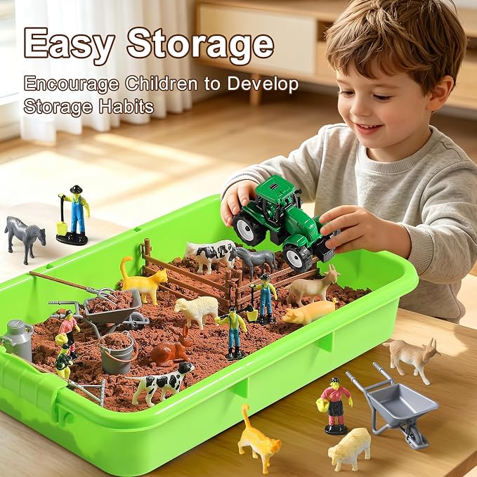Farm Sensory Bin, 3.3lbs Magic Sand, Farm Play Sand Kit Toy for Kids | Farm Sensory Sand Kit with 8 Farm Animals, 4 Farmers, Fence, Toy Truck, Tools, Birthday Gift for Boys Girls Ages 3+