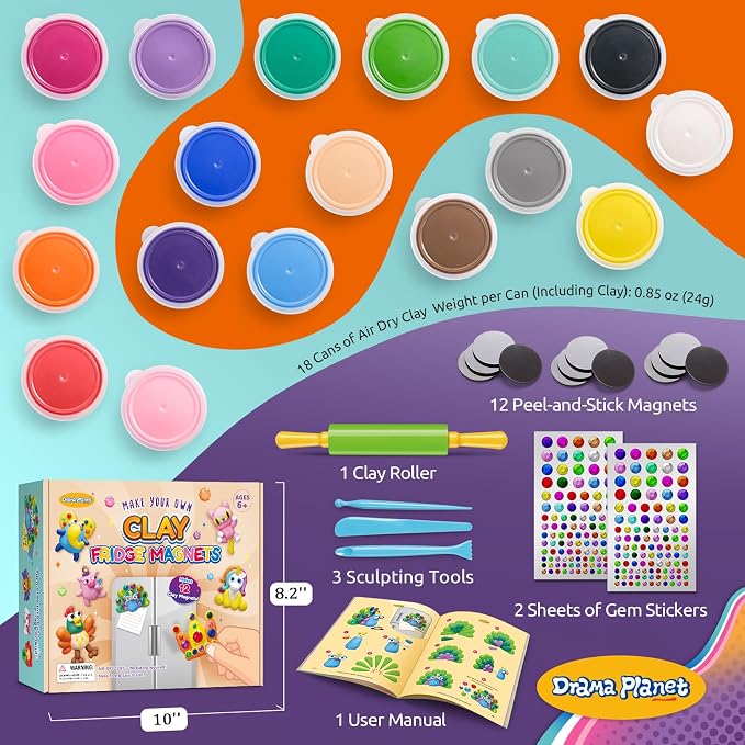 Drama Planet Make Your Own Clay Fridge Magnets Kit for Kids | Air-Dry Clay Crafts, Includes Instruction Book with 30 Designs, Makes 12 Fridge Magnets