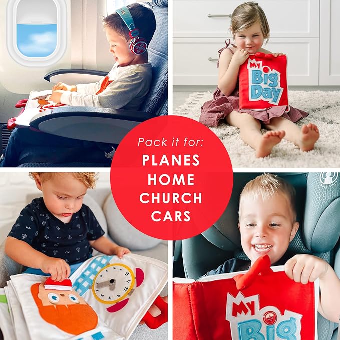 Curious Columbus My Big Day Quiet Book, Fabric Busy Book for Travel (Red) | 10 Interactive Pages, Color Matching, Counting, Buttons, Zippers, Buckles and Lacing, Book Zips Closed with Carry Handles