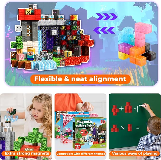 240 PCS Magnetic Blocks - Magnetic Building Block, Stacking Magnet Building Cubes for Kids, Magnetic Construction Toy for Boy Girl, STEM Montessori Sensory Toy Ages 3-12 Years Old Birthday Gift