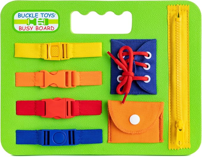 Buckle Toys, Busy Board, Green, Montessori Learning Toy for Toddlers | Great for kids as an Airplane Activity or on The Go, Foam Sensory Board, Develop Fine Motor Skills