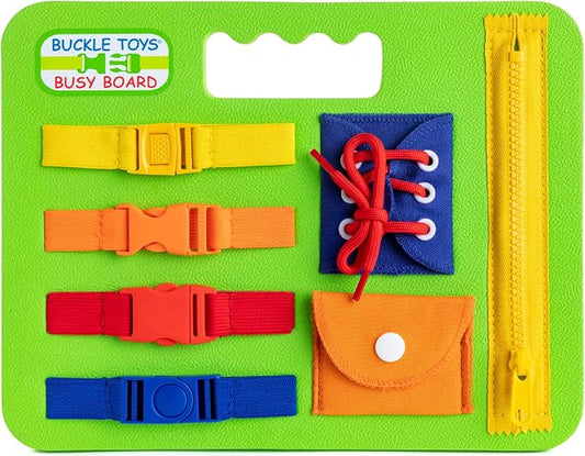 Buckle Toys, Busy Board, Green, Montessori Learning Toy for Toddlers | Great for kids as an Airplane Activity or on The Go, Foam Sensory Board, Develop Fine Motor Skills