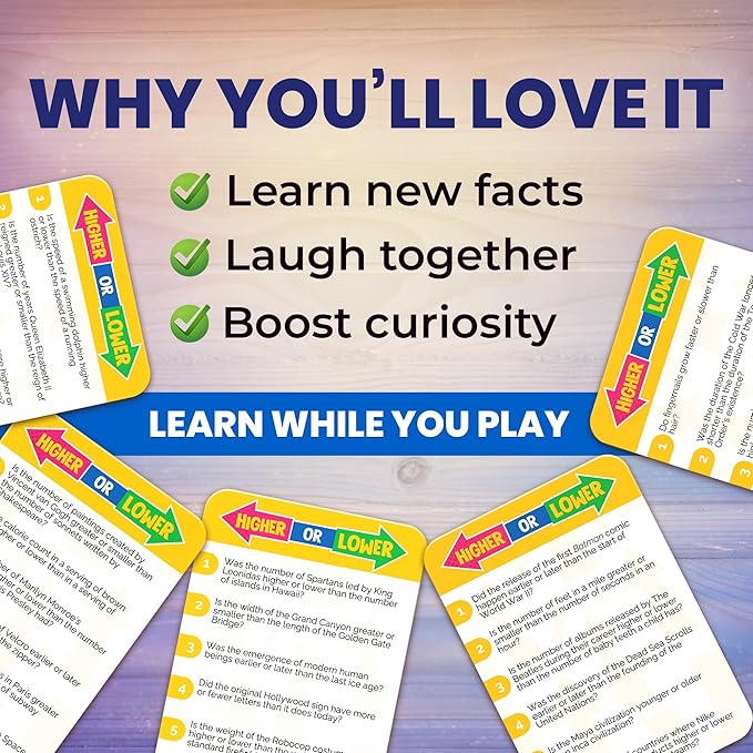 QUOKKA Trivia Board Games for Kids and Adults – Family Board Games for Family Game Night – Higher or Lower Trivia Cards for Kids 8-12 – Guess Fun Questions – Educational Card Game for Families&Teens