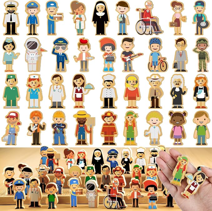 Kathfly 36 Pcs Wooden Community Helpers People, Career Figures Toy | Multicultural Career Blocks for Social Emotional Learning, Creative Play Figures, Preschool Classroom Teaching Wooden Set