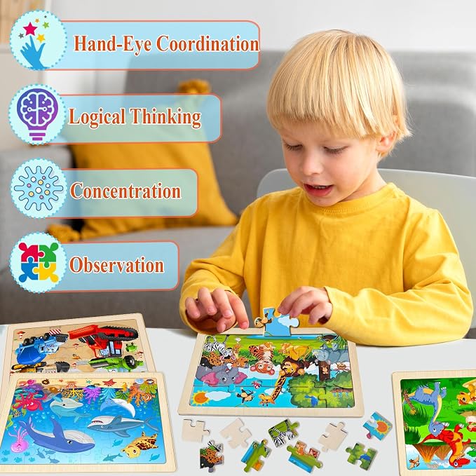 Wooden Puzzles for Kids Ages 4-6, 4 Pack 24 Pcs Toddler Puzzles Set for Ages 3-5, Educational Learning Toys Gift for Boys Girls 3 4 5 6 Year Old, Dinosaur Animal Ocean Vehicle