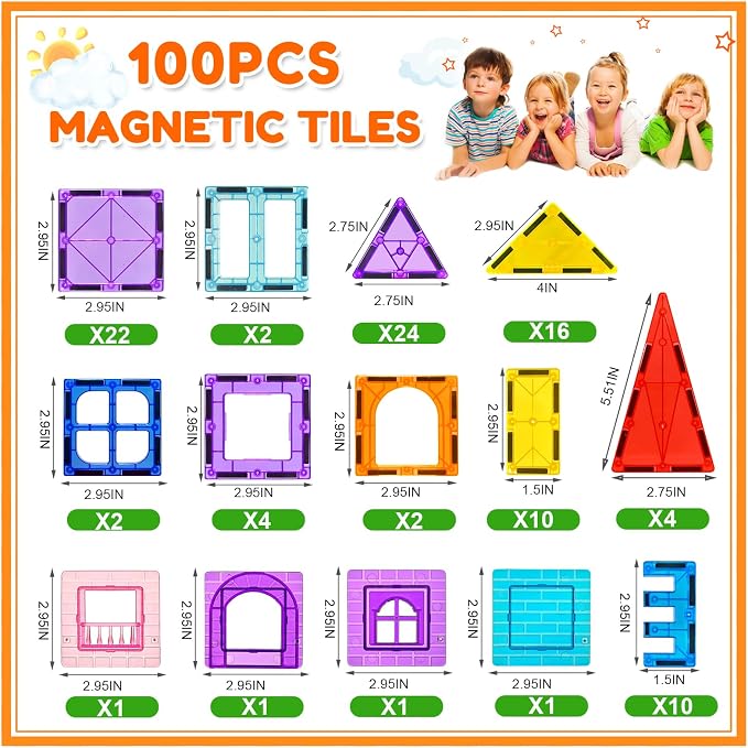 NVHH 100PCS Magnetic Tiles Blocks for Kids Ages 3-5 4-8 STEM Learning Toys | Educational Preschool Magnet Building Toys for Toddlers,Christmas Birthday Gifts for 3 4 5 6 7 8+ Year Old Boys Girls