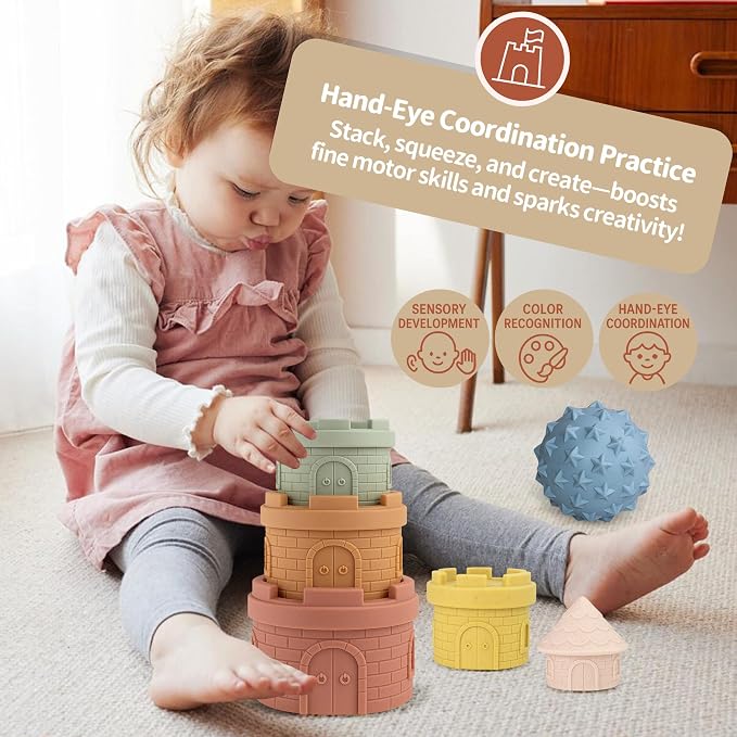 Baby Stacking Cups & Sensory Ball Set, Sensory Toys for Babies | 5 Colored Castle Cups, 3 Textured Balls, Soft Castle Nesting Blocks, Teether, Bath & Travel Play, Gifts for Toddlers 1-3