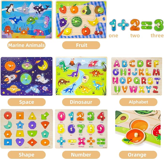 GRINNNIE Toddler Puzzle for 2 3 4 Years Old, 7PCS Montessori Kids Wooden Peg Puzzle Set (Dino Animal Shape Number Fruit..), Preschool Learning Puzzles Toy Gift for Boys Girls Birthday