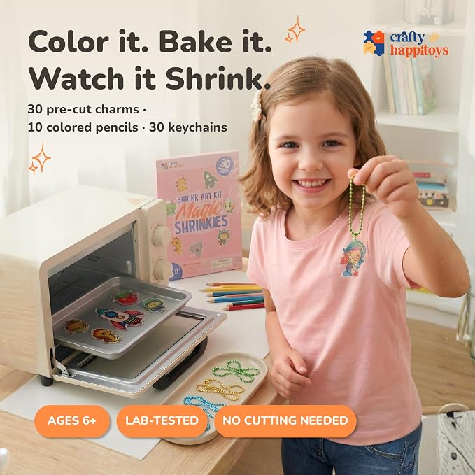 Shrink Art Kit - Color & Bake 30 Pre Cut Charm Sheets into Kids Keychains | Kids color 30 pre-cut shrink plastic charms, bake & watch them shrink into keychains - 10 colored pencils included