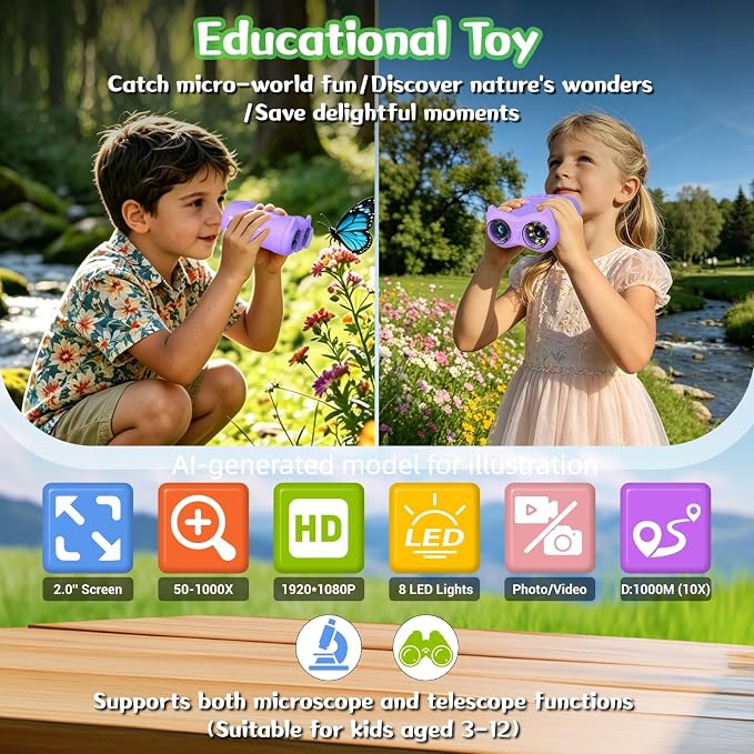 2.0" Handheld Microscope for Kids, 2 in 1 1000X Pocket Digital Microscope & 10X Telescope for Kids - Science Kits STEM Toys - Gifts for Boys Girls Ages 3 4 5 6 7 8 9 10 11 12 (Purple)