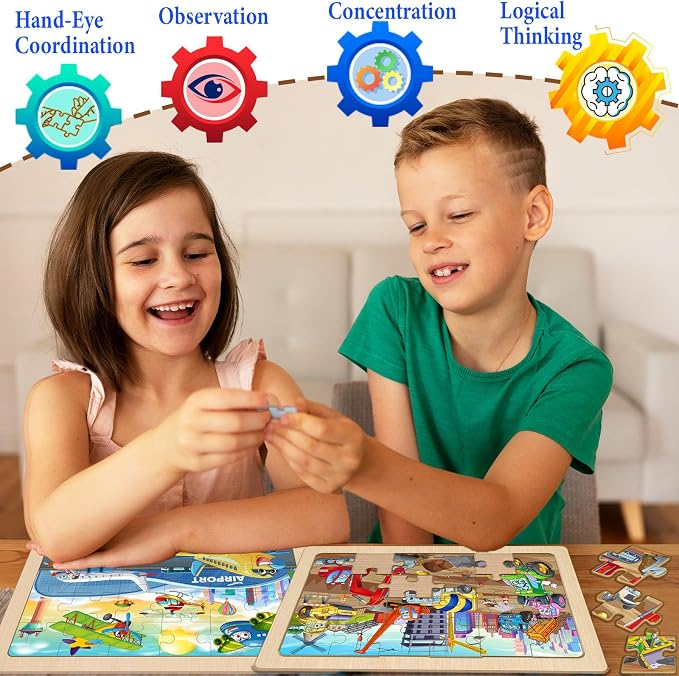 Wooden Puzzles for Kids Ages 4-6, 4 Pack 24 Pcs Toddler Puzzles Set for Ages 3-5, Educational Learning Toys Gift for Boys Girls 3-8 (City Traffic, Airport, Construction, Ocean Cruise)