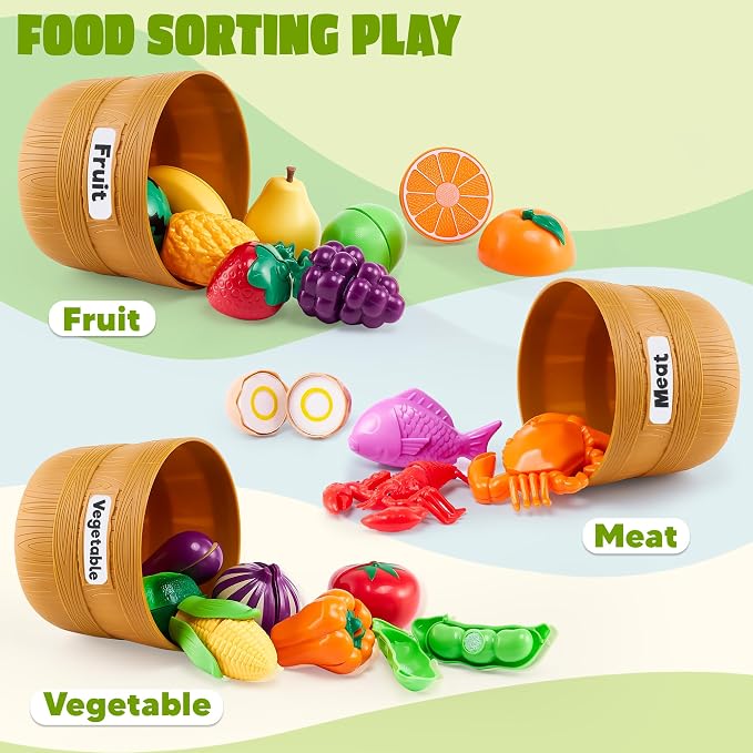 JOYIN Learning Toys Play Food Set for Kids, Cutting Food for Preschool Activities, Play Kitchen Accessories, Educational Toys, Color Sorting Set for Boys & Girls, Back to School Gifts for Kids