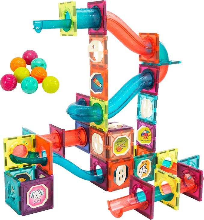 LTKFFFdp Magnetic Building Blocks STEM Educational Toys for Kids Ages 4-12, Ball Track and 3D Stacking Construction Set | 3D Magnet Cubes Building Blocks with Pipes, Montessori Birthday Gifts for Boys Girls Ages 3+, Compatible with Other Brands