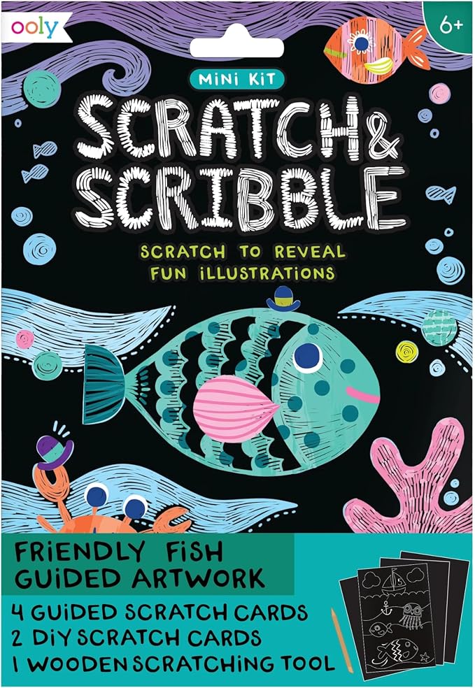 Ooly Mini Scratch & Scribble Art Kit, 6 Cards – Friendly Fish | Ages 6+, Wooden Stylus Included, Compact Car and Airplane Travel Activity, Screen-Free Craft, Fun Gift for Kids