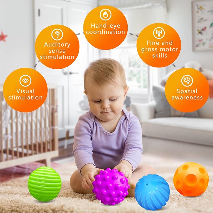 Baby Balls, 4 Pack Textured Multi Ball Set for Babies 3 Months+ | BPA-Free, Soft Easy-Grip Balls, Teething Play, Bright Colors, Tummy Time, Fine Motor & Sensory Play, Baby Sensory Gift