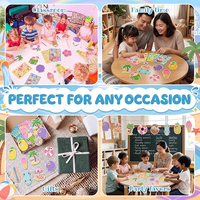 96 Pcs Summer Bookmark Craft Kits DIY Make Your Own Bookmark with Tropical Fruits Ice Cream Coconut Beach Stickers for Kids Classroom Activities Reading Rewards Birthday Camp Party Favors