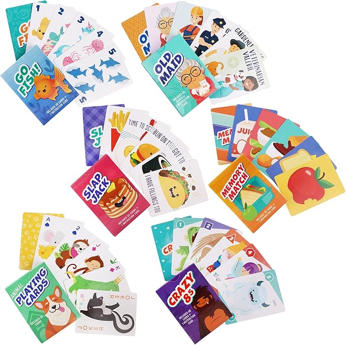 LotFancy Card Games for Kids, 6 Decks, Go Fish, Old Maid, Crazy Eights, Memory Match, Slap Jack, Animal Playing Cards, Easter Basket Stuffers, Stocking Stuffers, Birthday Gifts (Pack of 2)