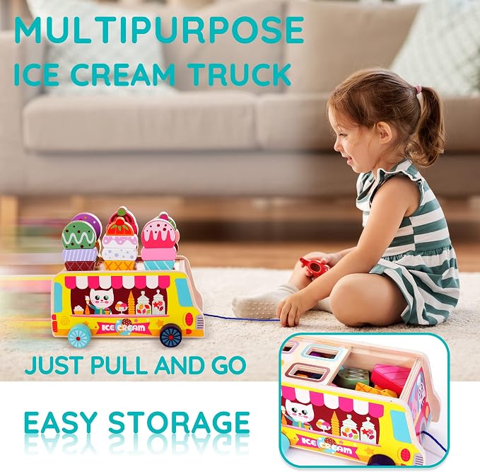 HELLOWOOD Wooden Ice Cream Truck, 28 pcs Magnetic Ice Cream Sweet Treats Pretend Play Food & Accessories, Montessori Sorting & Stacking Toys for Toddler Girls & Boys Age 2-5