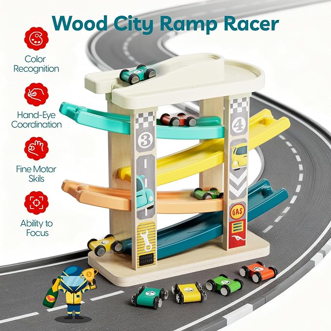 TOP BRIGHT Toddler Toys for 2 Year Old Boy, Wooden Car Ramp Race Track Set | Car Toys for Toddlers 1-3 with Cars and a Garage, Montessori Toys for 12 Year Old Boy Girl,Birthday Gift for Age 18+ Month