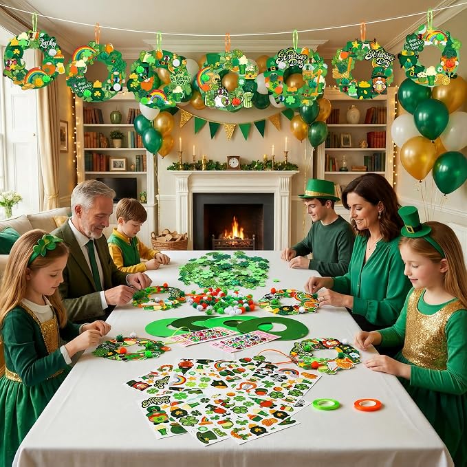 Hollowfly 48 Sets St. Patrick's Day Wreath Craft Kits | 8 Shamrock and Leprechaun Designs, 5.91 in Paper Wreaths with Pom-Poms and Stickers, Crafts for Home, Classroom and Parties