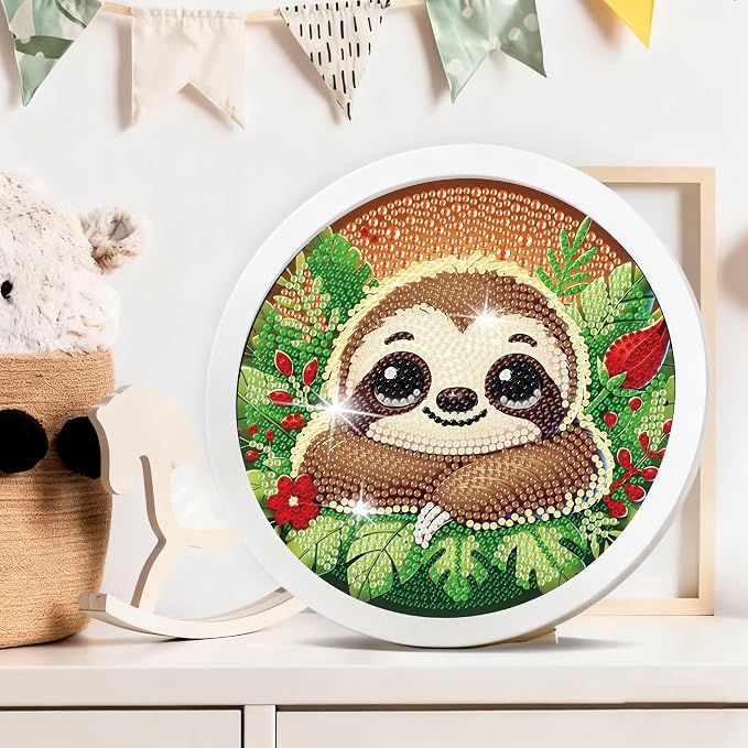 Gemozaic Sloth Diamond Art Kits for Kids Ages 6-8-12, Round Frame, 8 x 8 in | Cute Sloth Diamond Art for Kids 10 12 Year Old, DIY Easy Kid Big Gem Painting, Animal Arts and Crafts for Girl Birthday Gift