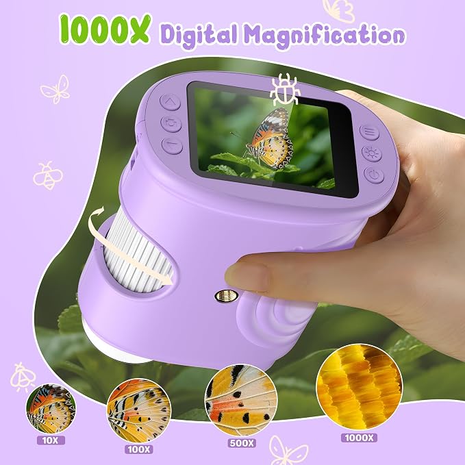 1000X Handheld Digital Microscope for Kids: Pocket Microscope with 2.0" IPS Screen - STEM Toys Birthday Gifts for Girls Boys - Portable Edu Science Kits Toddler Age 3-6 6-12 Purple