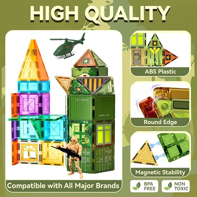 VigorFun Army Toys Magnetic Tiles Building Blocks Set for Kids Ages 3+ | STEM Military Magnetic Blocks with Army Men, Educational Sensory Magnet Toys Gifts for Kids Boys Ages 3-5 4-8