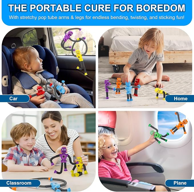 Robot Sensory Pop Tubes Toys 12PCS for Toddlers Boys Age 3-8, Suction Cup Stretchy Fidget Toy, Travel Toys, Autism Stress Relief, Birthday Christmas Stocking Stuffers Party Favors