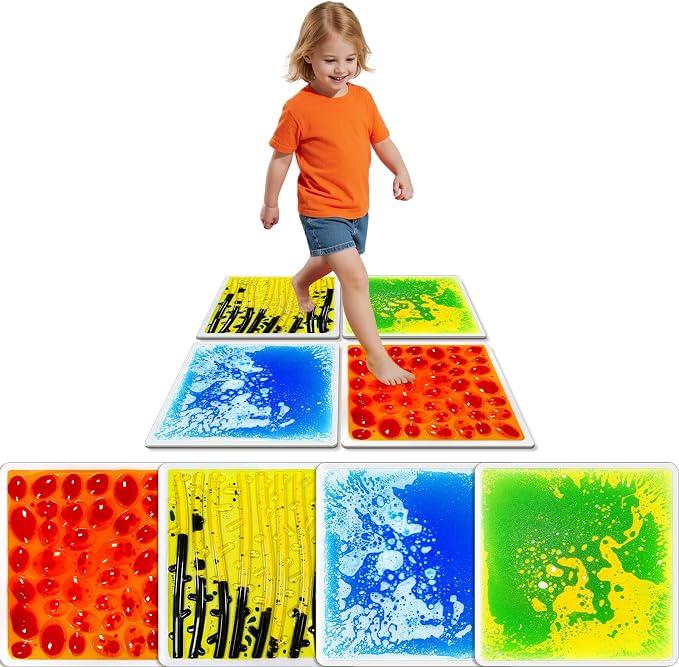 Sensory Floor Tiles for Kids: 12" Liquid and Textured Mats, 4 Pack | Visual and Tactile Surfaces for Autism Sensory Play, Texture Exploration, Sensory Paths, Stepping Games, and Sensory Rooms