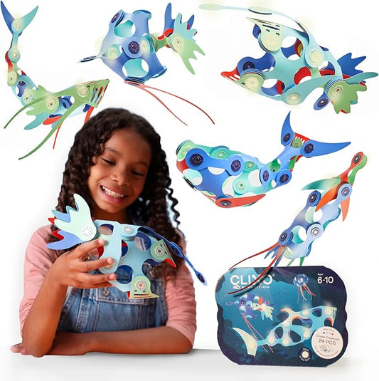 Clixo Ocean Creatures Pack, Glow in the Dark STEAM Magnet Toys(24 Pc, 6+) | Build sharks and deep-sea life! Sensory open ended toys for screen-free play. Magnetic STEAM building games & kids gift sets.