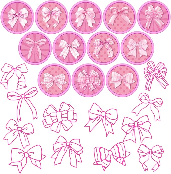 Cinrobiye 24 Pcs Pink Bow Stampers Party Favor Set, Cute Bow Stamps for Kids Birthday Party, Classroom Rewards, Girl Party Supplies, Goody Bag Fillers, Pink Themed Party Favors