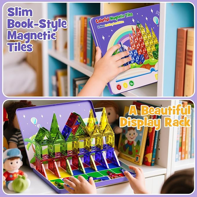 WMXDU Travel Magnetic Tiles Set: Tablet-Light, Group Play for Girls 3-8 | 60-Piece Travel Set, Keeps Girls Engaged in Group Play for 60+ Minutes in Cars/Planes Iron-Box Storage
