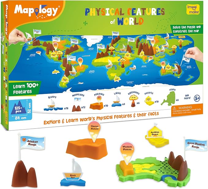 Imagimake Mapology Physical Features of World, Geography Game for Kids 8+ | Educational 3D Jigsaw Puzzle, Learn Mountains, Rivers & Volcanoes, Back to School Gift for Kids Ages 8,9,10,11,12 Years Old